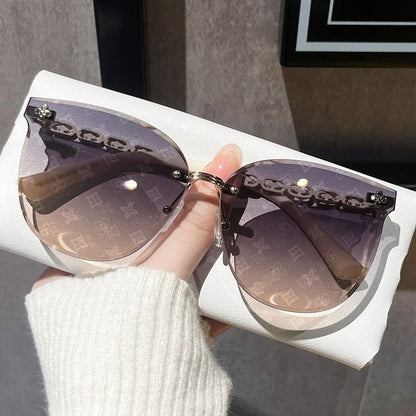 Retro Monogram Print Rimless Sunglasses, Metal Chain Decorative Shades, Luxury Fashion Oversized Eyewear