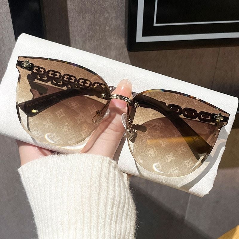 Retro Monogram Print Rimless Sunglasses, Metal Chain Decorative Shades, Luxury Fashion Oversized Eyewear