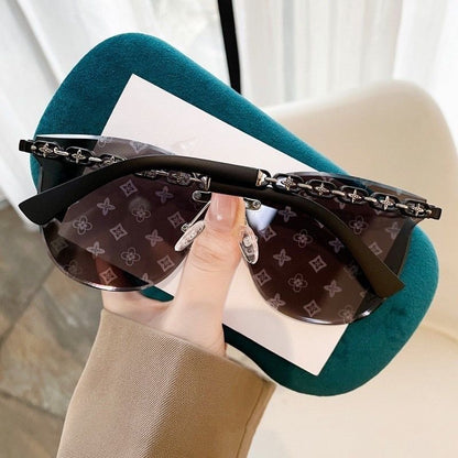 Retro Monogram Print Rimless Sunglasses, Metal Chain Decorative Shades, Luxury Fashion Oversized Eyewear
