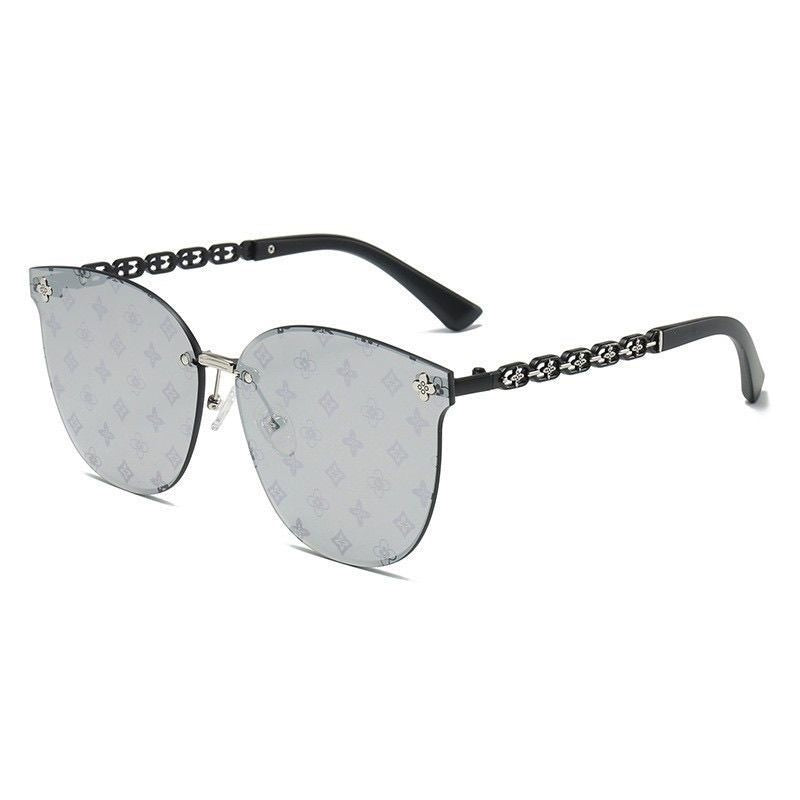 Retro Monogram Print Rimless Sunglasses, Metal Chain Decorative Shades, Luxury Fashion Oversized Eyewear