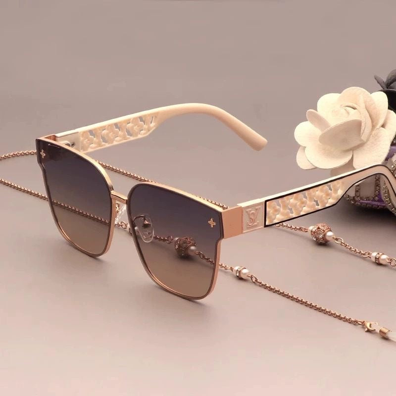 Luxury Hollow-Carved Square Sunglasses with Chain, UV Protection Shades, Elegant Versatile Women's Eyewear