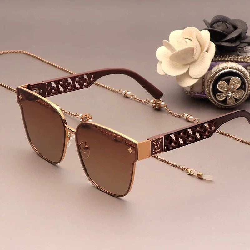 Luxury Hollow-Carved Square Sunglasses with Chain, UV Protection Shades, Elegant Versatile Women's Eyewear