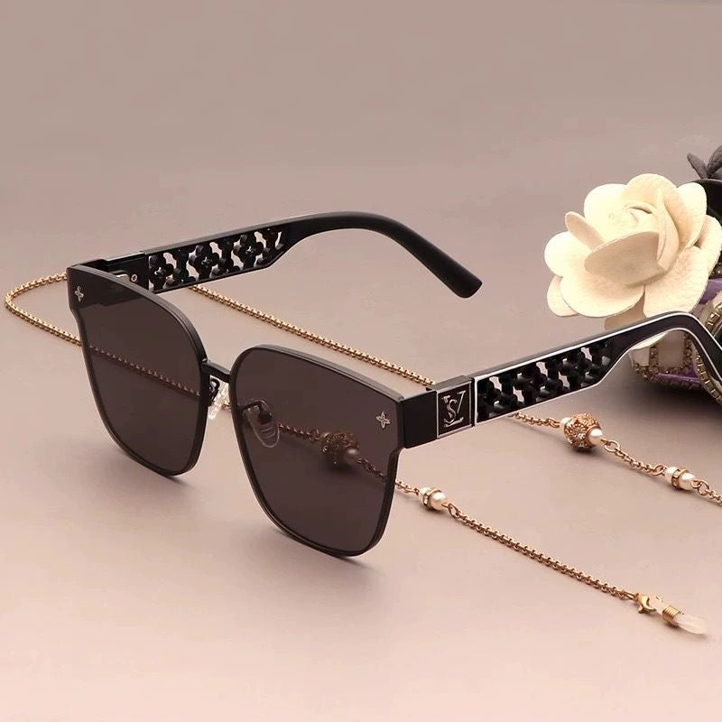 Luxury Hollow-Carved Square Sunglasses with Chain, UV Protection Shades, Elegant Versatile Women's Eyewear