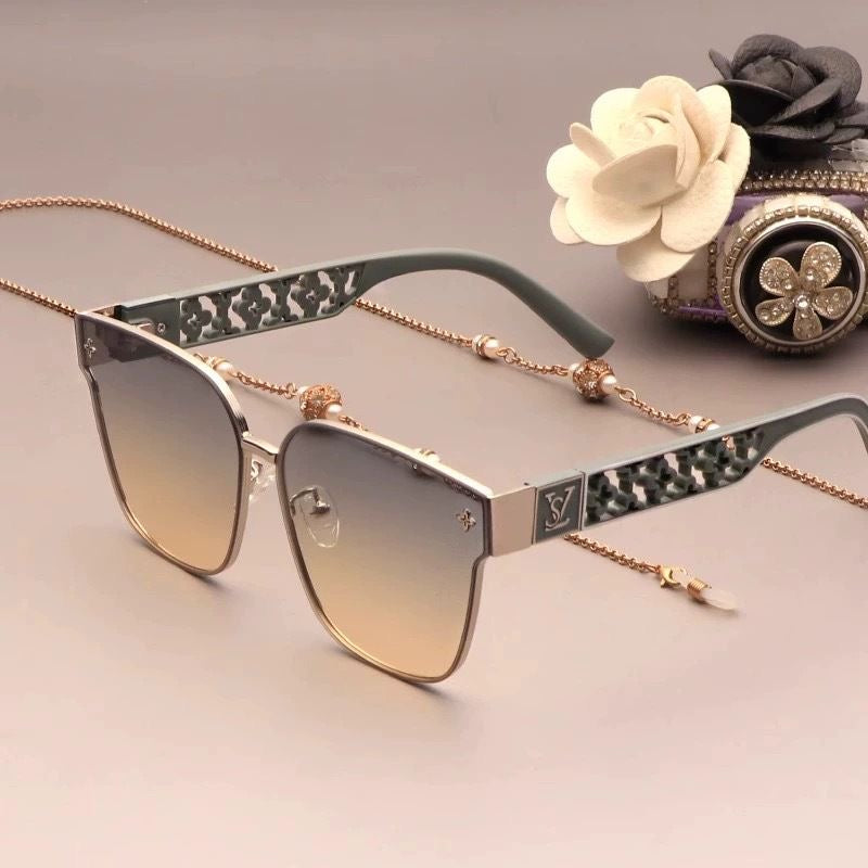 Luxury Hollow-Carved Square Sunglasses with Chain, UV Protection Shades, Elegant Versatile Women's Eyewear