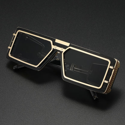 Futuristic Metal-Trimmed Square Sunglasses, Retro Hip-Hop Oversized Shades, Edgy UV Protection Eyewear