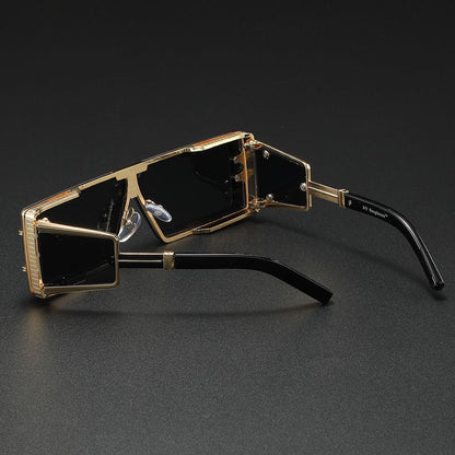 Futuristic Metal-Trimmed Square Sunglasses, Retro Hip-Hop Oversized Shades, Edgy UV Protection Eyewear