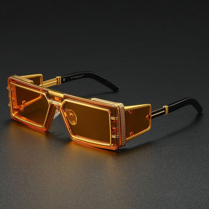 Futuristic Metal-Trimmed Square Sunglasses, Retro Hip-Hop Oversized Shades, Edgy UV Protection Eyewear
