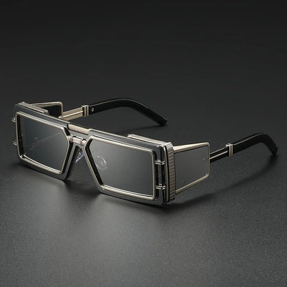 Futuristic Metal-Trimmed Square Sunglasses, Retro Hip-Hop Oversized Shades, Edgy UV Protection Eyewear