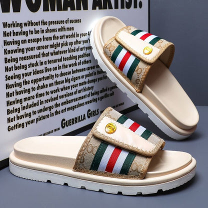 Vintage Monogram Stripe Adjustable Slide Sandals, Thick-Sole Non-Slip Casual Slippers