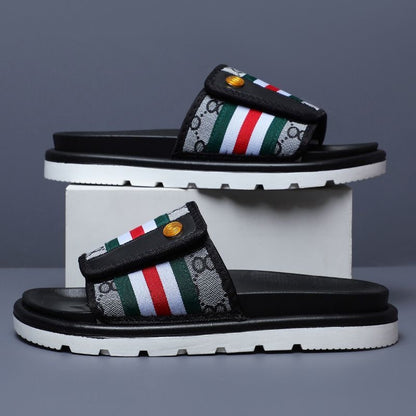 Vintage Monogram Stripe Adjustable Slide Sandals, Thick-Sole Non-Slip Casual Slippers