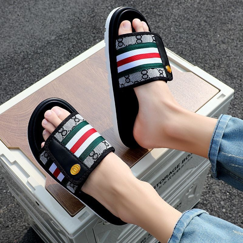 Vintage Monogram Stripe Adjustable Slide Sandals, Thick-Sole Non-Slip Casual Slippers