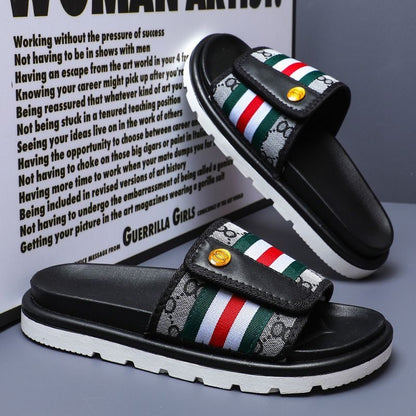 Vintage Monogram Stripe Adjustable Slide Sandals, Thick-Sole Non-Slip Casual Slippers