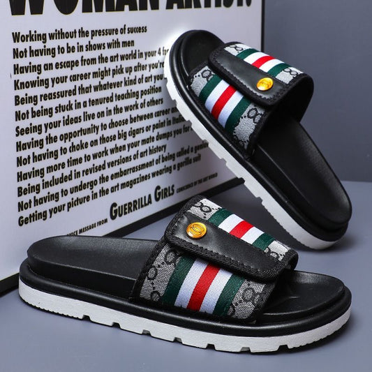 Vintage Monogram Stripe Adjustable Slide Sandals, Thick-Sole Non-Slip Casual Slippers