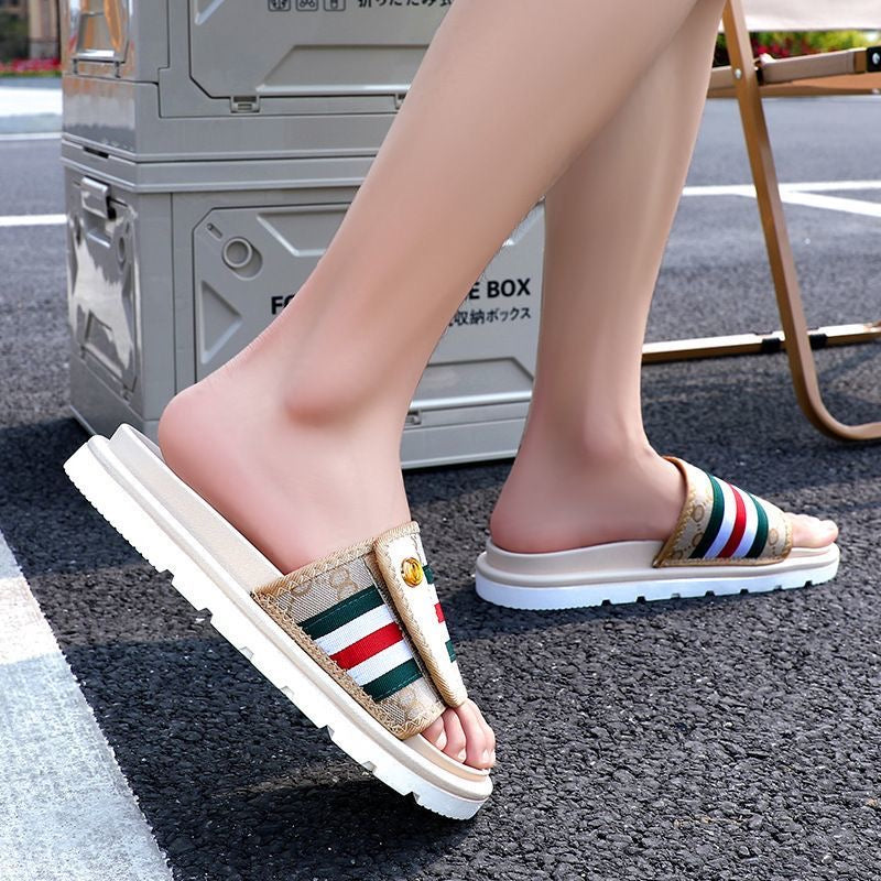 Vintage Monogram Stripe Adjustable Slide Sandals, Thick-Sole Non-Slip Casual Slippers