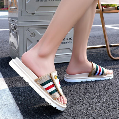 Vintage Monogram Stripe Adjustable Slide Sandals, Thick-Sole Non-Slip Casual Slippers