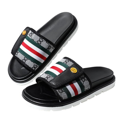 Vintage Monogram Stripe Adjustable Slide Sandals, Thick-Sole Non-Slip Casual Slippers