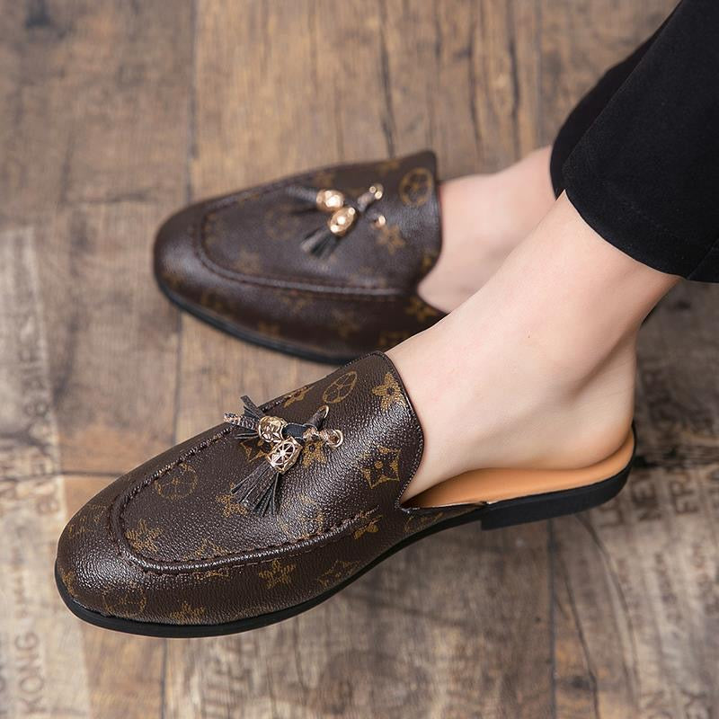 Vintage Monogram Tassel Mule Slippers, Backless Slip-On Loafers, Casual Flat Slides for Women