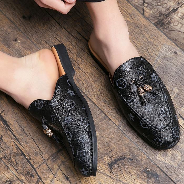 Vintage Monogram Tassel Mule Slippers, Backless Slip-On Loafers, Casual Flat Slides for Women