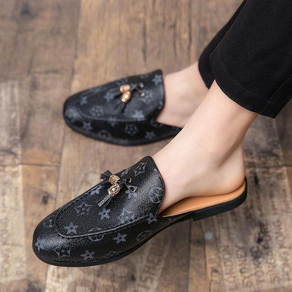 Vintage Monogram Tassel Mule Slippers, Backless Slip-On Loafers, Casual Flat Slides for Women