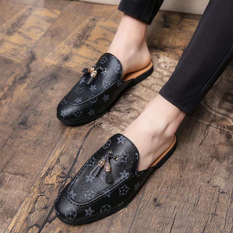Vintage Monogram Tassel Mule Slippers, Backless Slip-On Loafers, Casual Flat Slides for Women