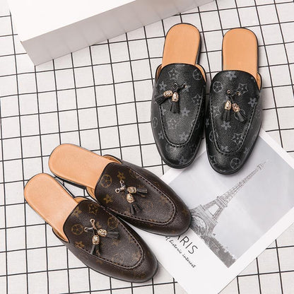 Vintage Monogram Tassel Mule Slippers, Backless Slip-On Loafers, Casual Flat Slides for Women