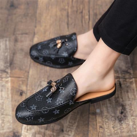 Vintage Monogram Tassel Mule Slippers, Backless Slip-On Loafers, Casual Flat Slides for Women