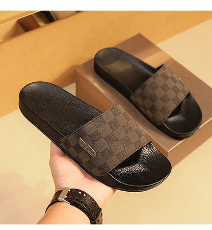 Classic Checkerboard Metal Logo Slides, Non-Slip Outdoor Slippers, Summer Casual Sandals