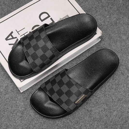 Classic Checkerboard Metal Logo Slides, Non-Slip Outdoor Slippers, Summer Casual Sandals