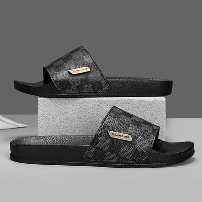 Classic Checkerboard Metal Logo Slides, Non-Slip Outdoor Slippers, Summer Casual Sandals