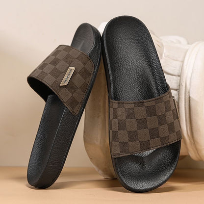 Classic Checkerboard Metal Logo Slides, Non-Slip Outdoor Slippers, Summer Casual Sandals