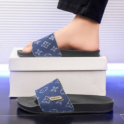 Vintage Monogram Denim Slides, Metal Logo Non-Slip Slippers, Summer Casual Sandals