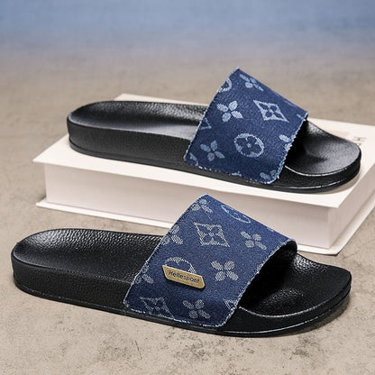Vintage Monogram Denim Slides, Metal Logo Non-Slip Slippers, Summer Casual Sandals