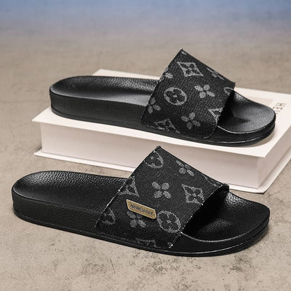 Vintage Monogram Denim Slides, Metal Logo Non-Slip Slippers, Summer Casual Sandals