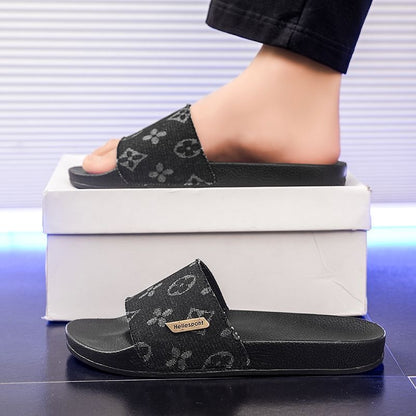 Vintage Monogram Denim Slides, Metal Logo Non-Slip Slippers, Summer Casual Sandals