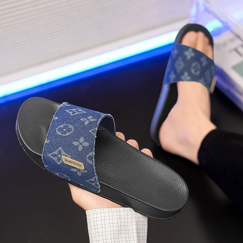 Vintage Monogram Denim Slides, Metal Logo Non-Slip Slippers, Summer Casual Sandals