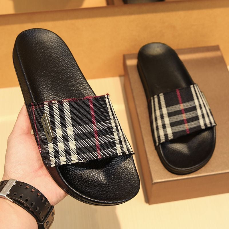 Classic Plaid Metal Logo Slides, Non-Slip Outdoor Slippers, Summer Casual Sandals