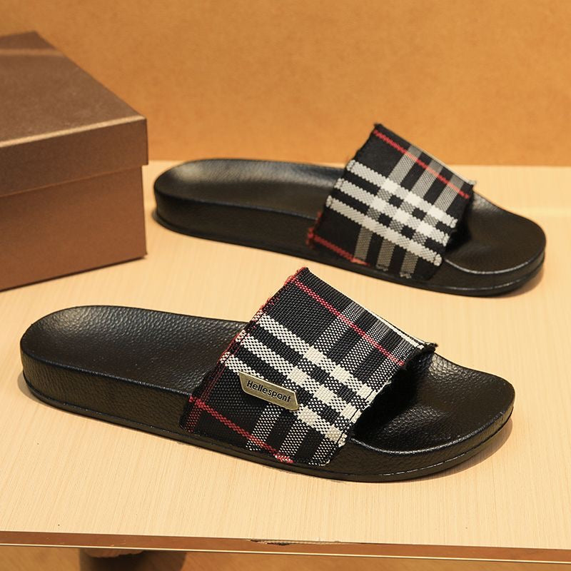 Classic Plaid Metal Logo Slides, Non-Slip Outdoor Slippers, Summer Casual Sandals