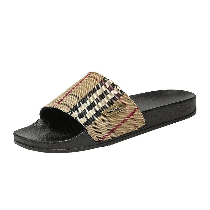 Classic Plaid Metal Logo Slides, Non-Slip Outdoor Slippers, Summer Casual Sandals