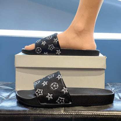 Classic Monogram Embossed Slides, Non-Slip Soft Sole Slippers, Summer Casual Sandals