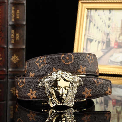 Classic Monogram Belt with Crystal Medusa Buckle, Men's Business Casual Automatic Buckle Belt, Luxury Jean Belt
