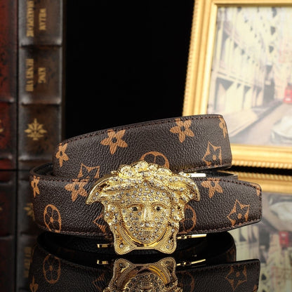Classic Monogram Belt with Crystal Medusa Buckle, Men's Business Casual Automatic Buckle Belt, Luxury Jean Belt