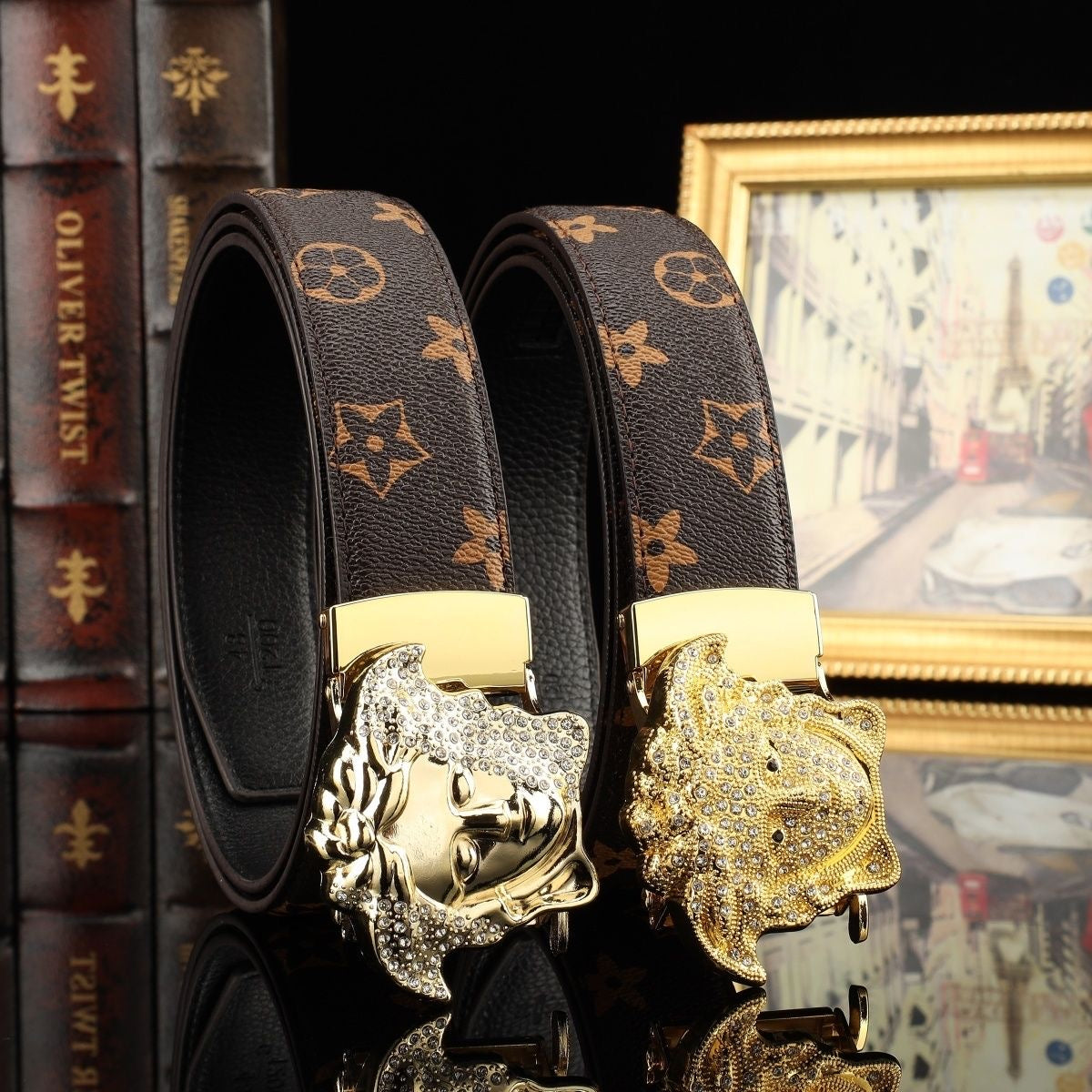 Classic Monogram Belt with Crystal Medusa Buckle, Men's Business Casual Automatic Buckle Belt, Luxury Jean Belt