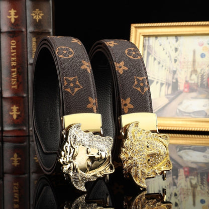 Classic Monogram Belt with Crystal Medusa Buckle, Men's Business Casual Automatic Buckle Belt, Luxury Jean Belt