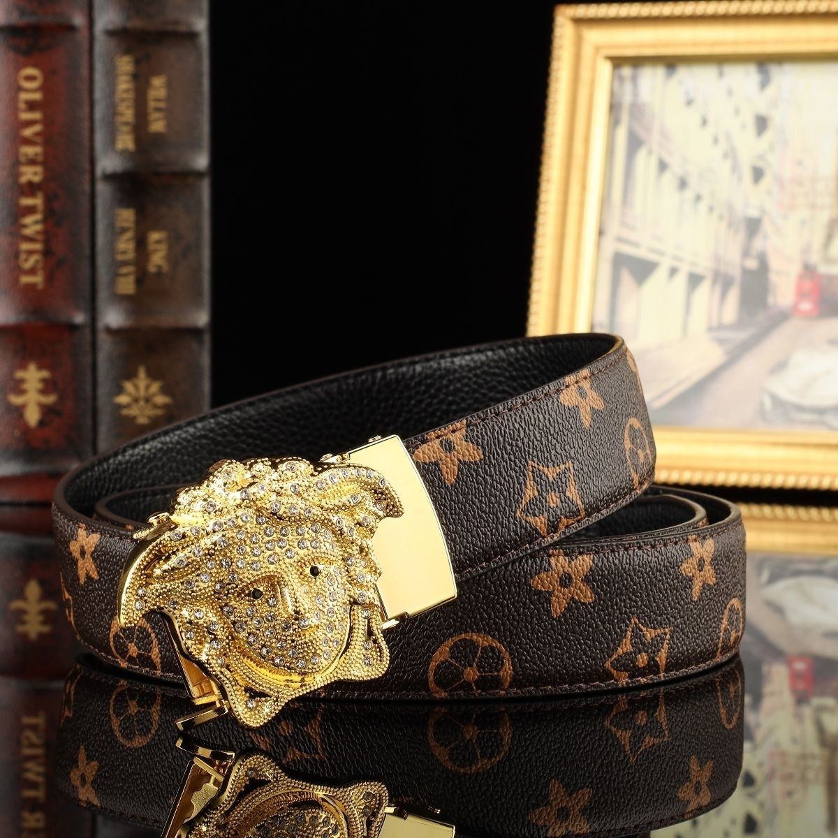 Classic Monogram Belt with Crystal Medusa Buckle, Men's Business Casual Automatic Buckle Belt, Luxury Jean Belt