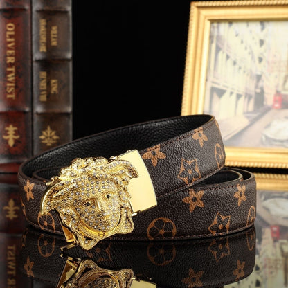 Classic Monogram Belt with Crystal Medusa Buckle, Men's Business Casual Automatic Buckle Belt, Luxury Jean Belt