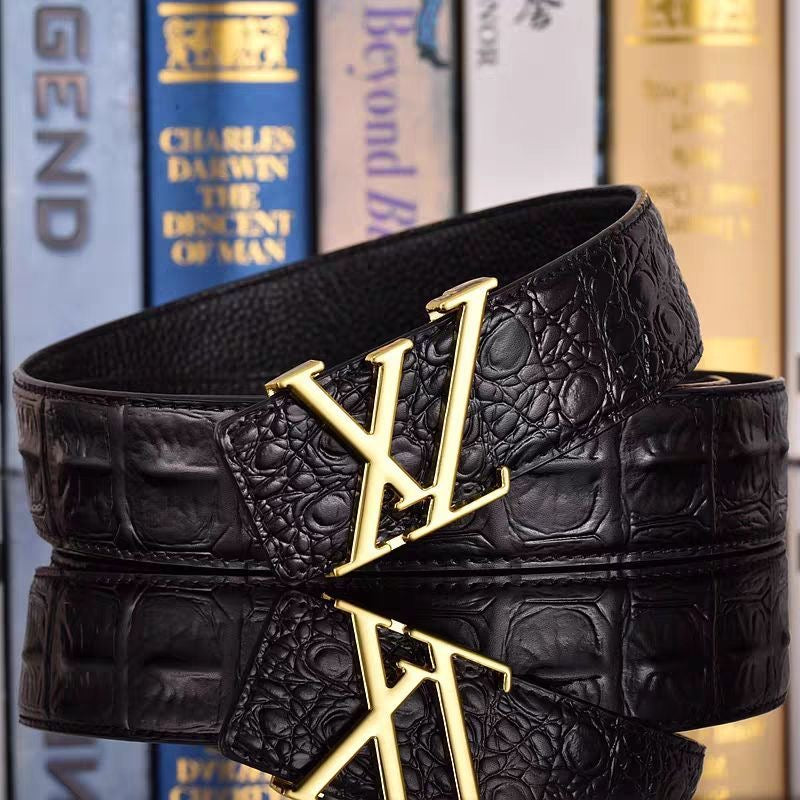Business Casual Croc-Embossed Belt, Men's Letter Buckle Automatic Strap, Luxury Versatile Jean Belt