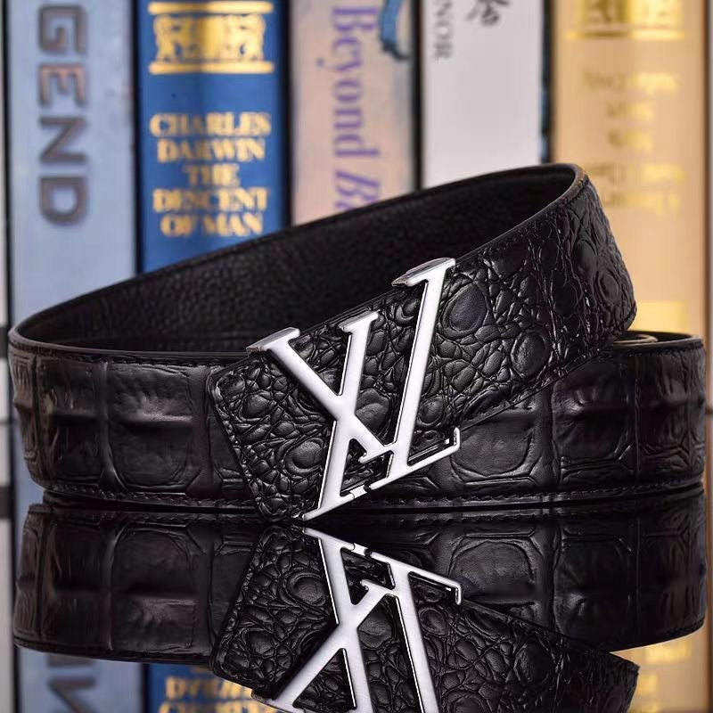 Business Casual Croc-Embossed Belt, Men's Letter Buckle Automatic Strap, Luxury Versatile Jean Belt