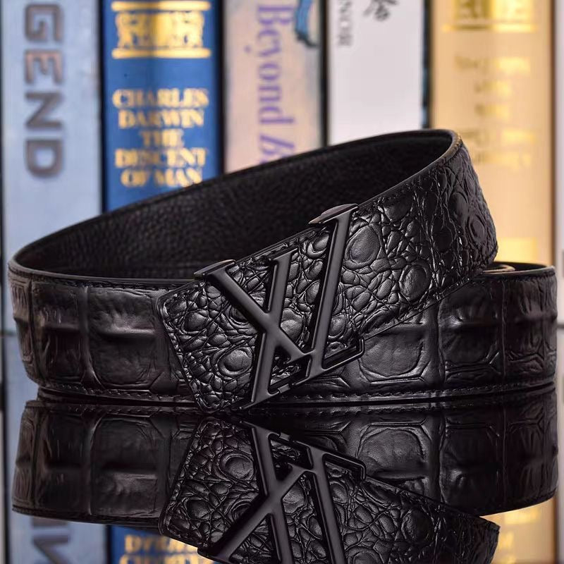 Business Casual Croc-Embossed Belt, Men's Letter Buckle Automatic Strap, Luxury Versatile Jean Belt