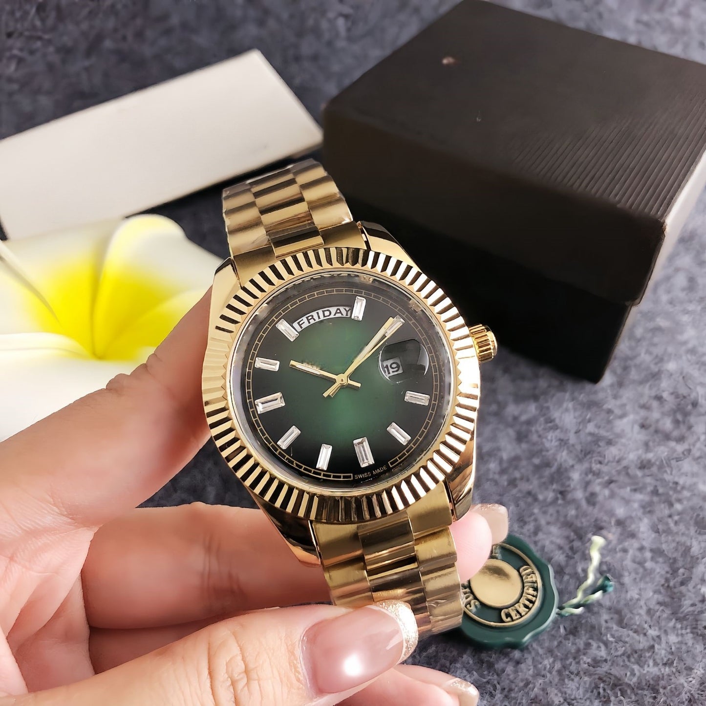 Classic Day-Date Style Watch, Diamond-Index Steel Band Wristwatch, Men's Luxury Waterproof Dress Watch