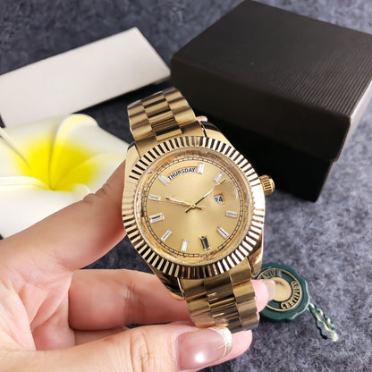 Classic Day-Date Style Watch, Diamond-Index Steel Band Wristwatch, Men's Luxury Waterproof Dress Watch